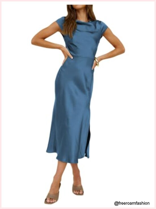 Dresses & Skirts - Polyester Backless Twist Cap Sleeve Midi Dress Cowl Neck Side Slit Wedding Guest